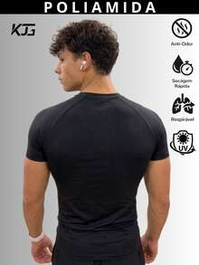 Thermal Polyamide T-Shirt Short Sleeve Anti-Odor UV50+ Protection Men's Raglan Fit Gym Training Running Second Skin - Black - View 9