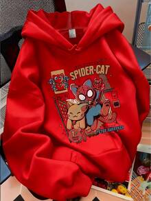 Kangaroo-Style Hooded Sweatshirt For Cold Weather, Printed Design: Spider Cat - Special New Arrival For Winter 2026. Comfortable And Practical. - 紅色 - 查看 1