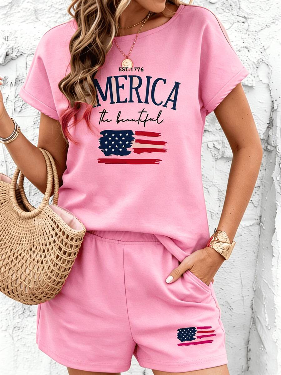 2 Pcs Merica The Beautiful EST.1776 USA Flag Print Two Piece Set, Women's Casual Short Sleeve T-Shirt & Shorts Loungewear, 4th Of July Patriotic Outfit,250th Anniversary Costume Set In The United States - 粉色 - 查看 1