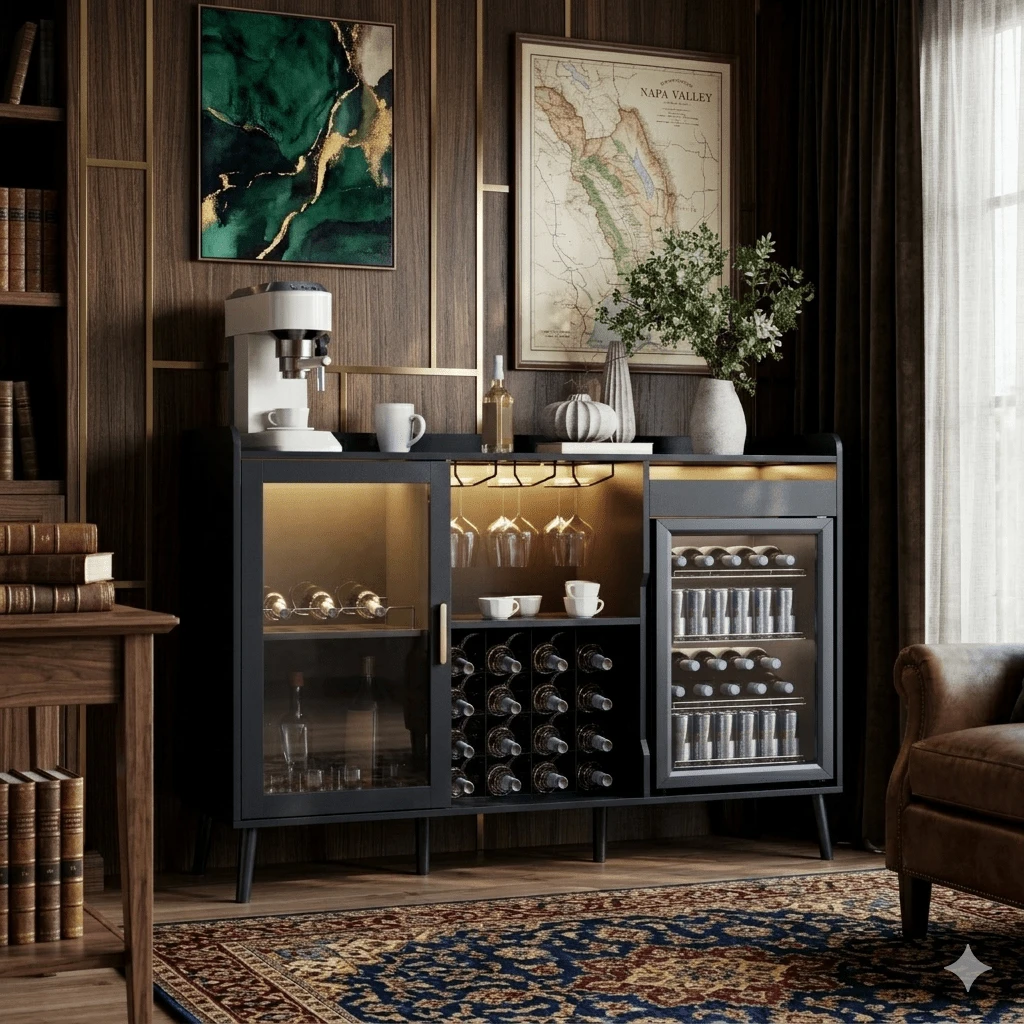 Coffee Bar Cabinet With Fridge Space, Black Wine Cabinet With Charge Station & Led Light, Liquor Cabinet With Wine Rack & Drawer, Sideboard Buffet Cabinets For Living Room, Dining Room (Black) - Black - View 1