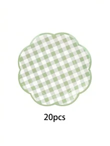 10件/20件/50件装鼠尾草绿格子派对用品，鼠尾草绿和白色扇形纸盘，花形7英寸蛋糕盘，9英寸餐盘，格子图案晚宴套装，适用于烧烤、婚礼、新娘送礼会餐桌装饰 - 綠色 - 查看 7