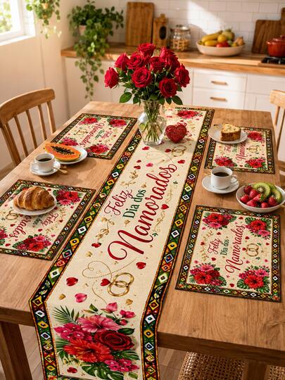 Bộ khăn trải bàn và tấm lót chén "Feliz Dia Dos Namorados" - Họa tiết hoa nhiệt đới và hoa hồng với viền màu sắc, hoàn hảo cho trang trí nhà cửa, trang trí phòng, phụ kiện nhà bếp, sân vườn, Ngày lễ tình nhân Brazil, buổi hẹn hò, kỷ niệm, bữa tối lãng mạn và tiệc cưới, bao gồm 1 khăn trải bàn + 4 tấm lót chén, nhiều kích cỡ có sẵn.
