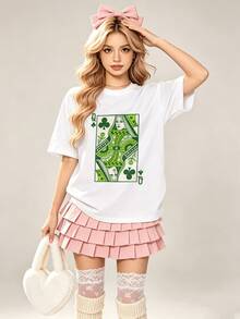 Women's Summer Casual Soft Round Neck Short Sleeve T-Shirt,Club Queen Card Print Graphic Suitable For Spring And Summer Wear.Black - White - View 10