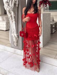Fashionable Sexy Elegant Off-Shoulder Rose Flower Tassel Design Fitted Short Party Evening Dress - Red - View 3