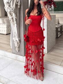 Fashionable Sexy Elegant Off-Shoulder Rose Flower Tassel Design Fitted Short Party Evening Dress - Red - View 5