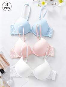 3pcs Set Padded Push-Up Bra Thin Padding Delicate Lace High Support Soft Breathable Seamless Bra - Multicolor - View 4
