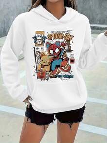 Kangaroo-Style Hooded Sweatshirt For Cold Weather, Printed Design: Spider Cat - Special New Arrival For Winter 2026. Comfortable And Practical. - White - View 1
