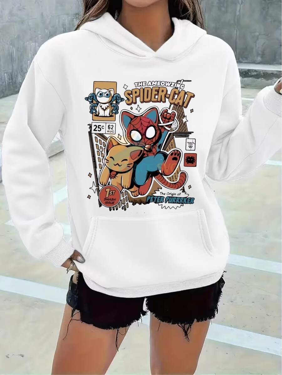 Kangaroo-Style Hooded Sweatshirt For Cold Weather, Printed Design: Spider Cat - Special New Arrival For Winter 2026. Comfortable And Practical. - White - View 1