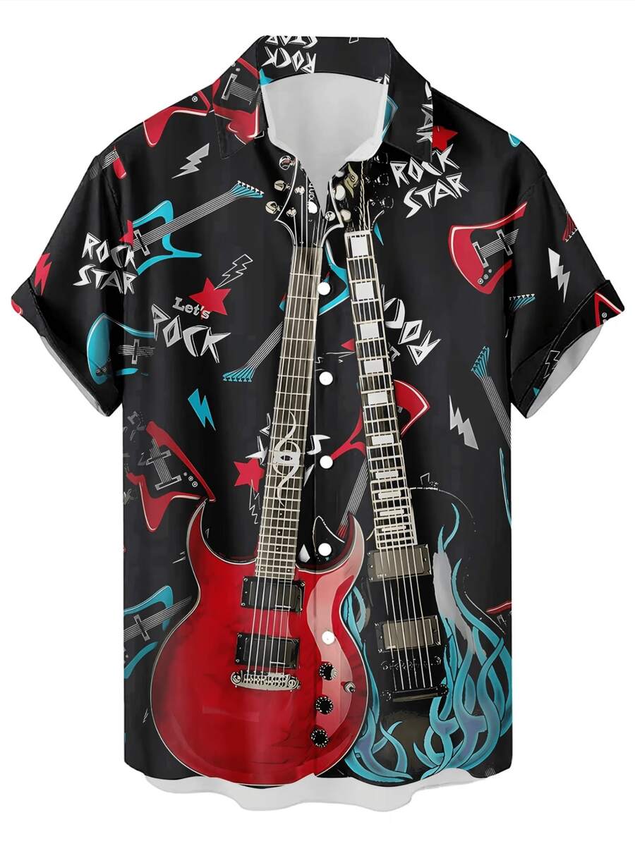 3D Printed Rock Star Electric Guitars Short Sleeve Shirt A Cool Gift For Music Lovers Featuring A Vibrant And Dynamic Pattern Of Electric Guitars In Red And Blue With Lightning Bolts And Rock Star Lettering This Shirt Embodies The Spirit Of Rock And Roll A Perfect Gift For Any Musician Or Fan. - 白色 - 查看 1