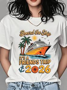 Cruise Ship Sailing Among Palm Trees With Bright Sunshine Symbolizing Friendship, Adventures, And Unforgettable Holidays For A Group Trip In 2026. Modern Casual Women's T-Shirt - 白色 - 查看 1