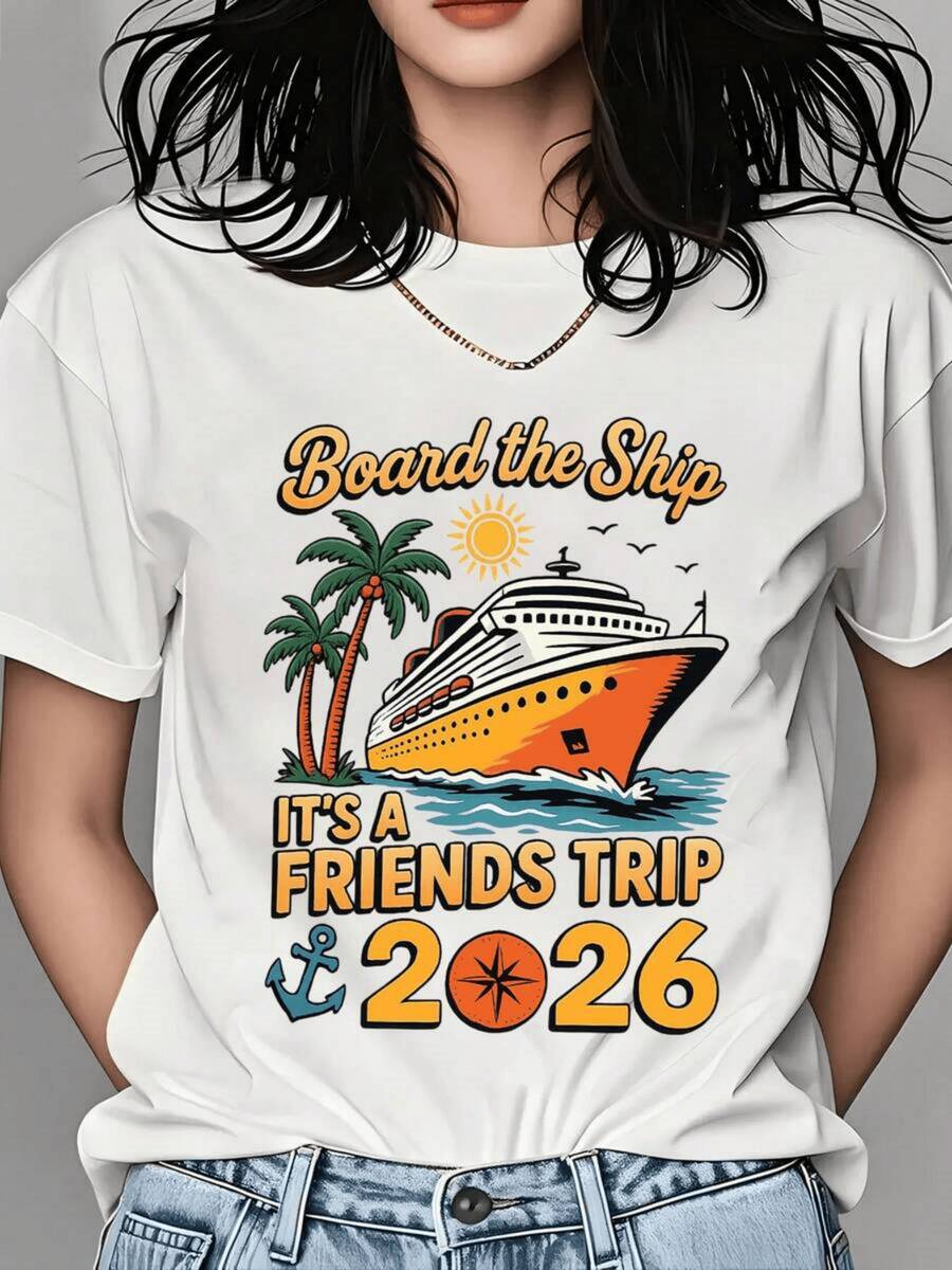 Cruise Ship Sailing Among Palm Trees With Bright Sunshine Symbolizing Friendship, Adventures, And Unforgettable Holidays For A Group Trip In 2026. Modern Casual Women's T-Shirt - 白色 - 查看 1