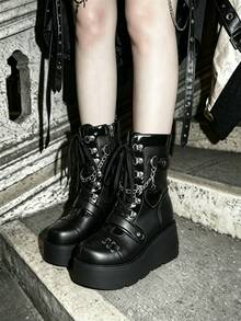 Womens Goth Ankle Boots Platform Chunky High Heel Lace Up Zipper Round Toe Combat Boots - Black - View 1