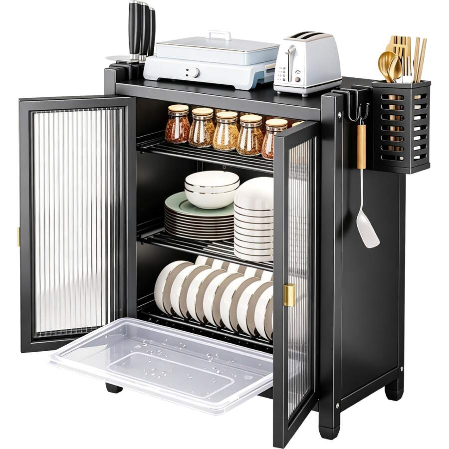 65*45*28cm 3-Tier Kitchen Dish Rack, 3-Tier Dish Drainer With Door, Kitchen Cabinet - Black - View 1