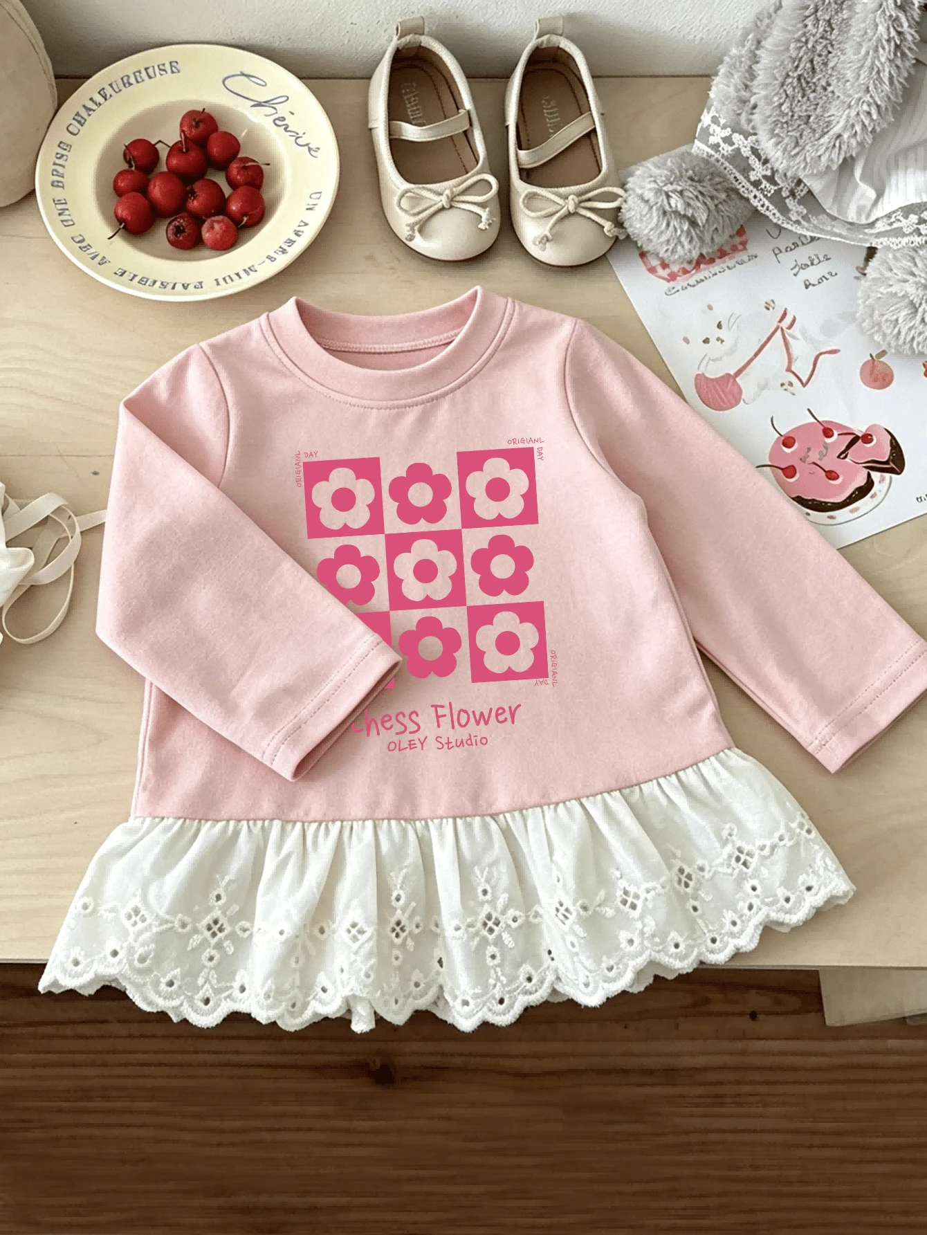Milk Fufu Girls Spring/Autumn Sweet Style Long Sleeve T-Shirt, Round Neck Lace Hem Pink Floral Print Soft Cute Top - Pink - View 1