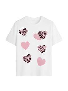 Camiseta blanca informal para mujer con estampado de leopardo rosa y diseño de corazón, manga corta, cuello redondo, poliéster. - Blanco - Ver 1