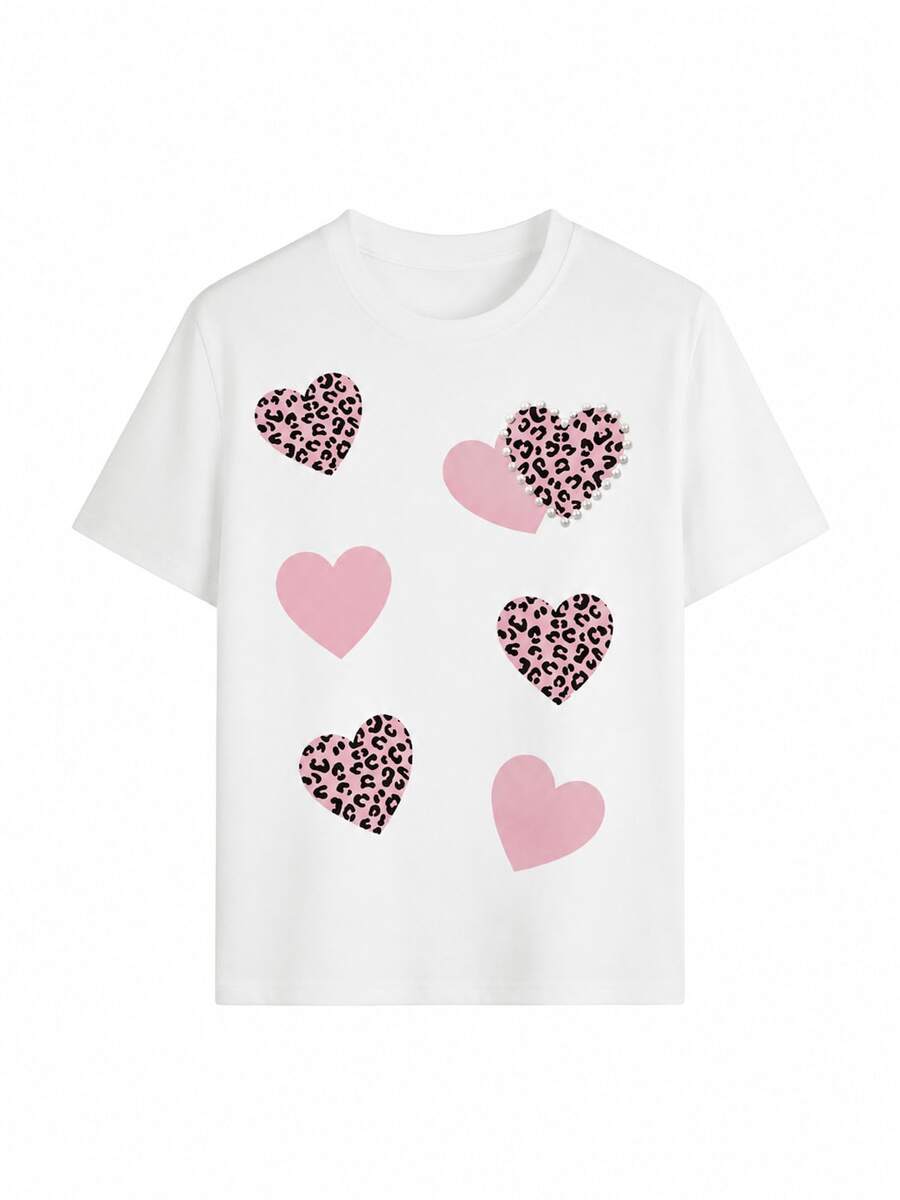 Camiseta blanca informal para mujer con estampado de leopardo rosa y diseño de corazón, manga corta, cuello redondo, poliéster. - Blanco - Ver 1