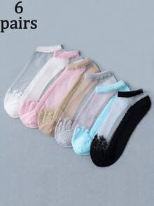 1/6/12 pares (mezcla aleatoria) de calcetines de moda dulce para mujer, diseño con ribete de encaje, calcetines cortos transparentes y cómodos, esenciales para salidas de primavera y verano - Multicolor - Ver 11