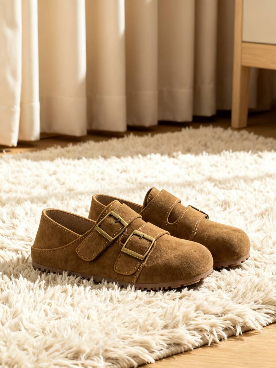 1 Pair Kids Girls Double Metal Buckle Decor Suede Leather Non-Slip Round Toe Flat Shoes, Retro Casual Boston Moccasins For Spring Autumn Daily School Wear - Camel - View 1