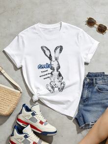 Women's Summer Casual Soft Round Neck Short Sleeve T-Shirt, Bunny Skeleton X-Ray Print Graphic For Spring And Summer Wear.White - Black - View 5