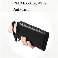 Ví dài có khóa kéo dành cho nam, chất liệu da PU cao cấp, chống RFID, kiểu dáng ví cầm tay công sở, đựng thẻ tín dụng, ví nam. - màu đen - Xem 2