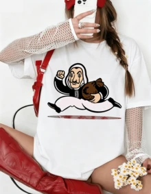 Unisex T-shirt Money Heist Tecknade Rånare Tryck - Rolig Fantröja Vit med Euromotiv - Vitt - Visa 6