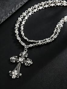 Dây chuyền nhiều lớp mặt thánh giá đính đá phong cách Gothic, xích đôi với mắt xích hình thánh giá & hoa, trang sức phong cách Punk Hip Hop chống xỉn màu có thể đeo chồng, phù hợp đeo hàng ngày & dạo phố - Màu Bạc Cổ - Xem 3