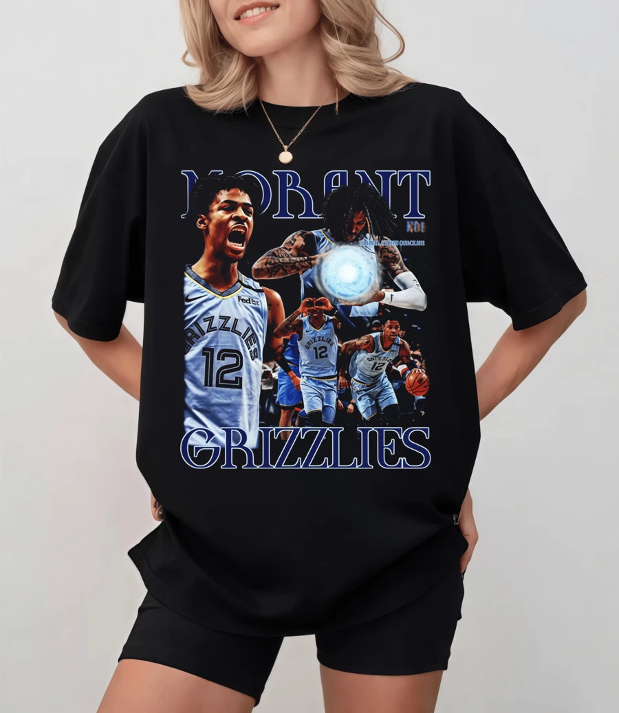 Black T-Shirt With Dynamic Ja Morant "Grizzlies" Collage, Unisex Relaxed Fit - Black - View 1