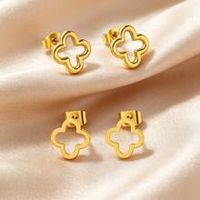 VceTd 1 Set Fashion Style Four-Leaf Clover Design Stainless Steel Women's Earring Set Suitable For Daily Wear/Holiday Gift - Yellow Gold - View 10