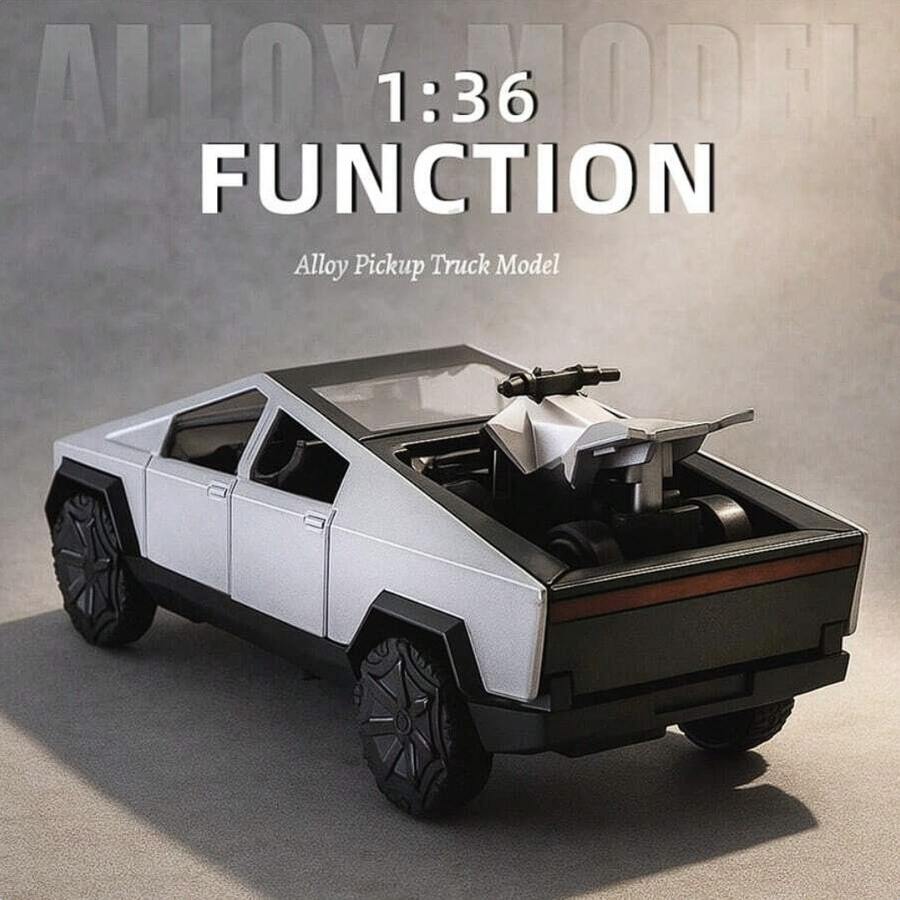1PC-1:32 Tesla Cybertruck With Beach Motorcycle Simulation Alloy Car Model Pull Back Opening Doors Car Toy, Fun Toy, Simulation Car Birthday Gift, Alloy Car Ornament