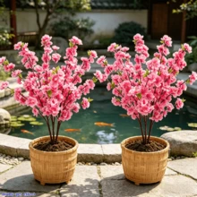 Two High-End Artificial Cherry Blossoms, Long Dense Branches And Leaves, Solid Structure, Home And Outdoor Simulated Green Plants|Suitable For Indoor/Outdoor Decorations, Courtyards, Porches, Gardens, Lawns, Swimming Pools, Weddings, Shopping Malls - Pink - View 3