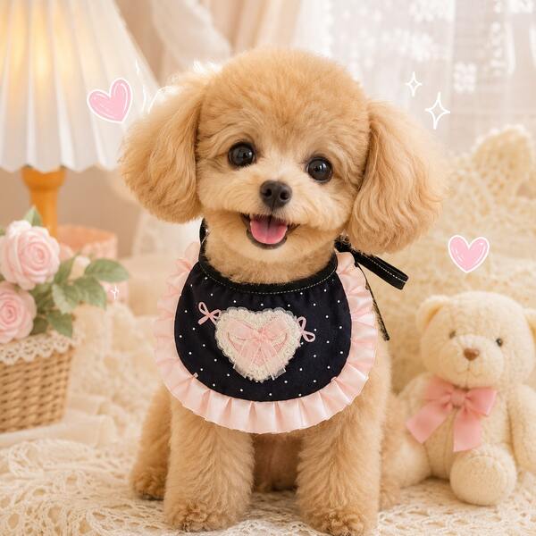 Lolita Style Pet Bib, Cute Heart Floral Edging Fabric Scarf For Cats And Small Dogs