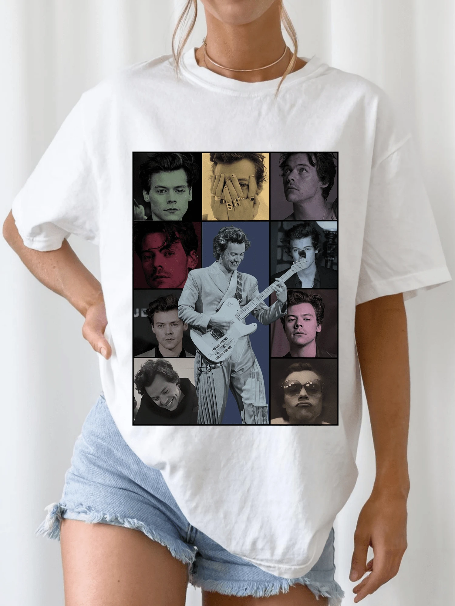 H-HarryS S-StylesS The Hairas Tour Collage Print Pop Music Fan Graphic T-Shirt Tee - White - View 1