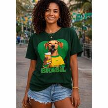 Women's Printed T-Shirt/Blouse Caramel Color Drinking Beer Brazil Stylish 100% - Dark Green - View 1
