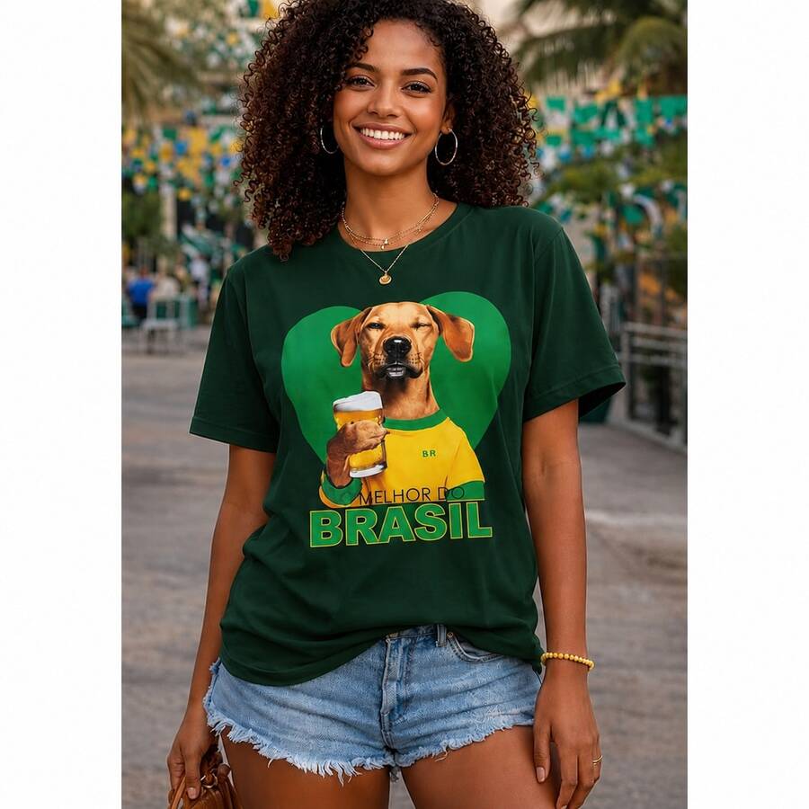 Women's Printed T-Shirt/Blouse Caramel Color Drinking Beer Brazil Stylish 100% - Dark Green - View 1