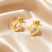 VceTd 1 Set Fashion Style Four-Leaf Clover Design Stainless Steel Women's Earring Set Suitable For Daily Wear/Holiday Gift - Yellow Gold - View 6