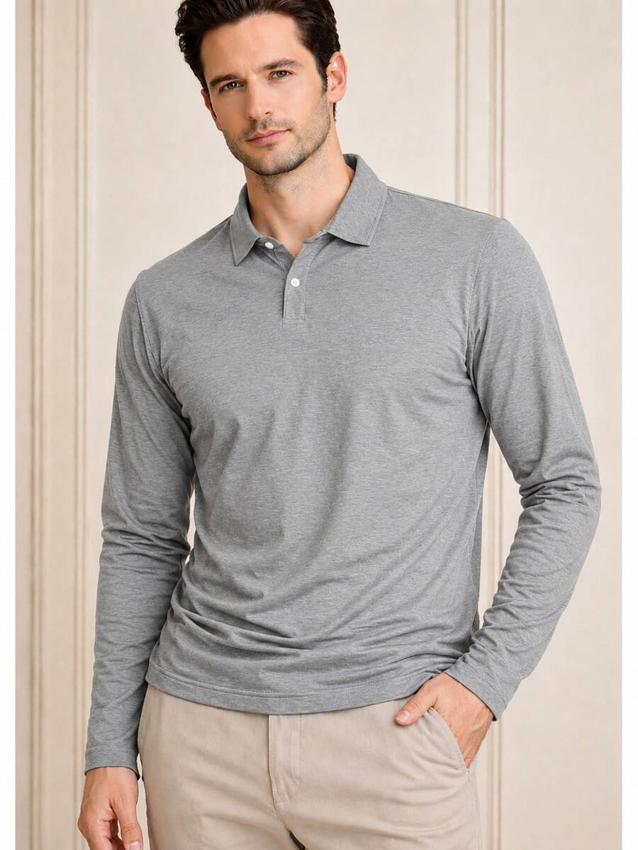 Men's Basic Plain Long-Sleeve Polo Shirt - Grey - View 1