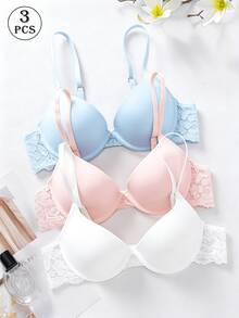 3pcs Set Padded Push-Up Bra Thin Padding Delicate Lace High Support Soft Breathable Seamless Bra - Multicolor - View 3