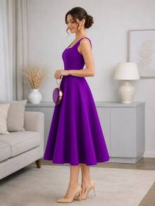 Women's Midi Dress With Square Neckline And Defined Waist - 紫色 - 查看 2