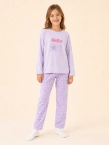 Balabala Set de 2 piezas de pijama de algodón con estampado de letras y dibujos animados para niños y niñas preadolescentes, novedad primavera 2025 - tono morado blanco - Ver 1