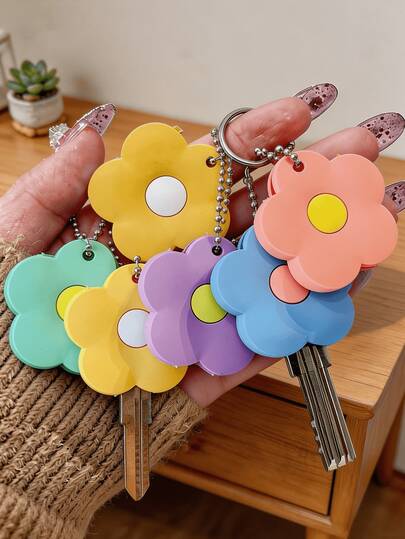 Cute Floral Silicone Key Cover - Vibrant Color Block Design, Comes With Silver Bead Chain (Self-Assembly Required), Detachable, Anti-Lost Door Key Protector, Ensure Home Safety, Key Chain Accessory | Fun Accessory | Silicone Keychain, Decorative Key Tag, Key Cap Set, Door Lock, Suitable For Women, Sisters, Couples, Friends As Small Gift