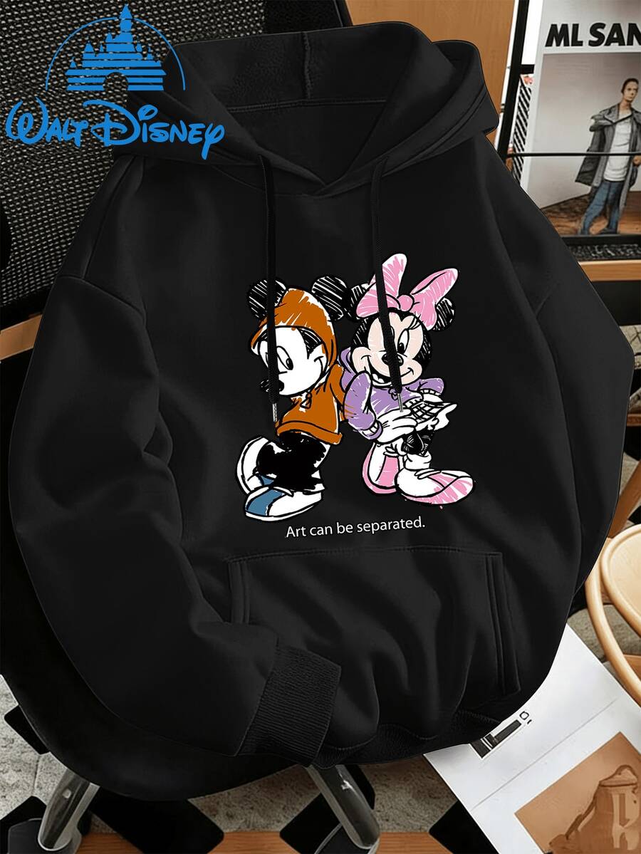 Disney Licensed This Versatile Hooded Hoodie Featuring Minnie Mouse And Donald Duck Designs, Available In Both Men's And Women's Styles. This Loose-Fitting Top Is A Streetwear Staple Perfect For Spring/Autumn Wear, Casual Outings, Or Sporty Occasions - màu đen - Xem 1