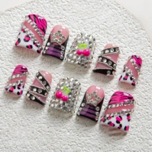 NailLuxe 10PCS Handmade 100% Reusable Acrylic Duckbill Press-On Nails | Pink Leopard & Zebra Print Rhinestone Design Fake Nails With 3D Cherry & Star Charms, Edgy & Sparkly Press On Nails For Y2K Style - Purple - View 8