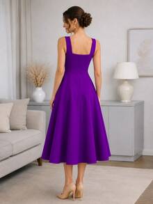 Women's Midi Dress With Square Neckline And Defined Waist - 紫色 - 查看 3