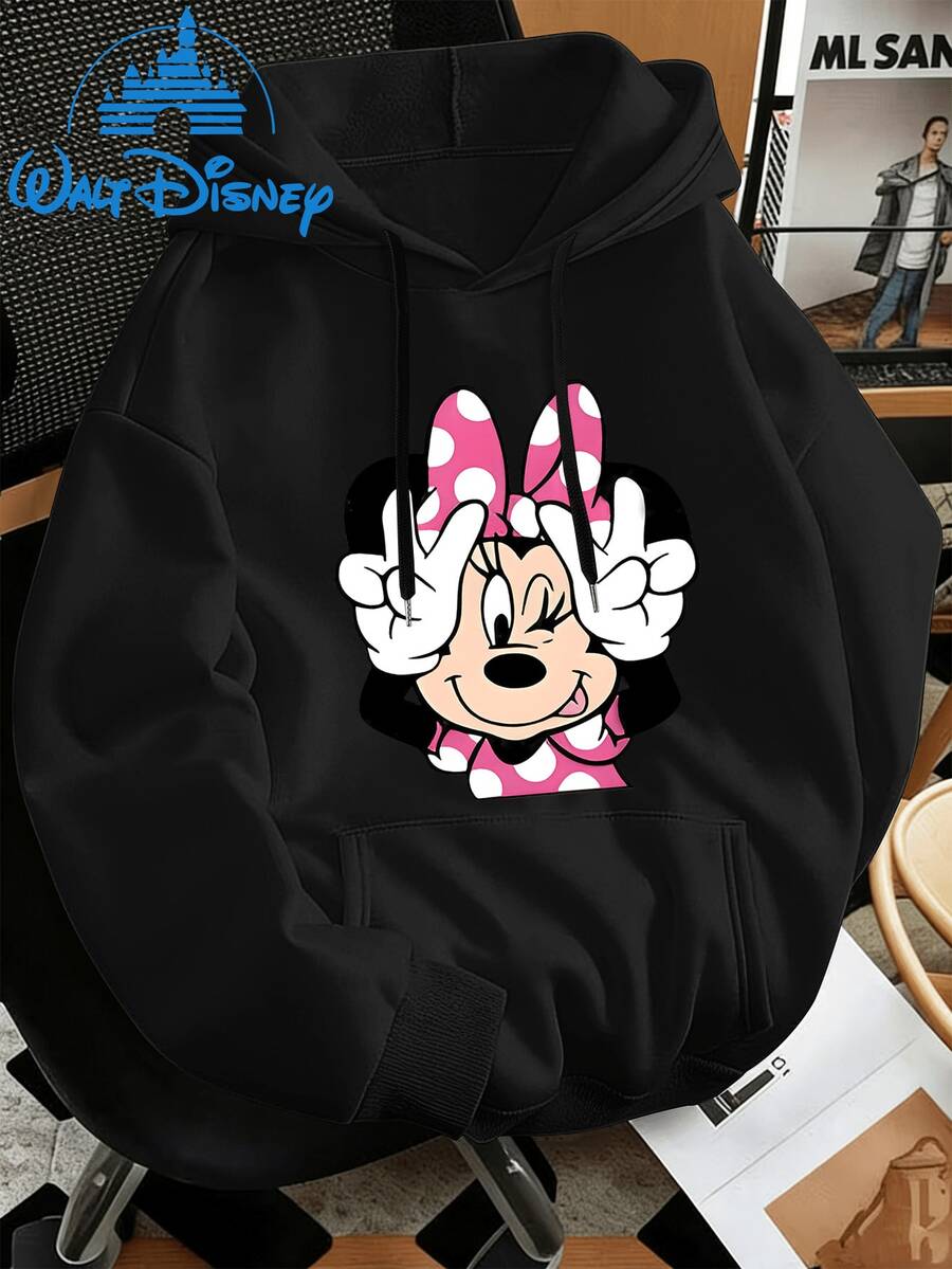Disney Licensed This Versatile Hooded Hoodie Featuring Minnie Mouse And Donald Duck Designs, Available In Both Men's And Women's Styles. This Loose-Fitting Top Is A Streetwear Staple Perfect For Spring/Autumn Wear, Casual Outings, Or Sporty Occasions - màu đen - Xem 1