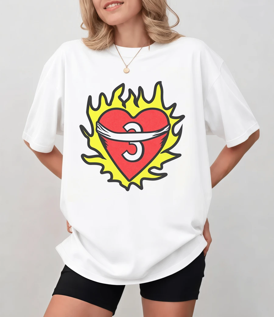 Graphic Streetwear T-Shirt With A Vibrant Red Heart And The Number 3, Unisex Relaxed Fit - White - View 1