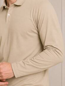 Men's Basic Plain Long-Sleeve Polo Shirt - Beige - View 5