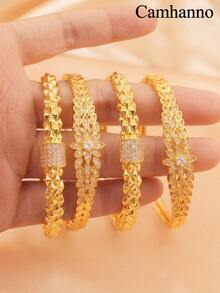 Camhanno 1 pieza Brazalete de flor de cobre chapado en oro de estilo de lujo ligero. Con una exquisita artesanía de microajuste, esta pieza versátil es perfecta para el uso diario y sirve como la opción de joyería ideal para bodas y banquetes. - Dorado - Ver 5