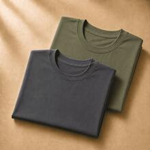 Set Of 2 Short-Sleeve Egyptian Cotton T-Shirts - Abu-abu Gelap dan Hijau Militer - View 1