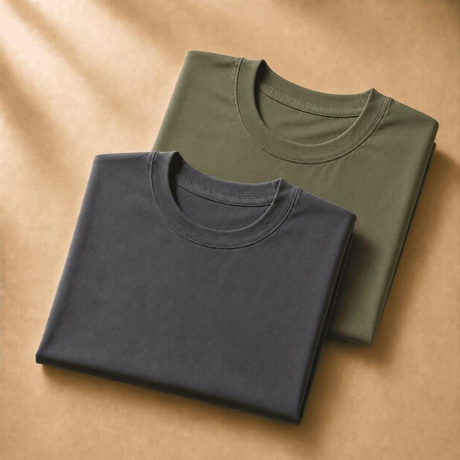 Set Of 2 Short-Sleeve Egyptian Cotton T-Shirts - Abu-abu Gelap dan Hijau Militer - View 1