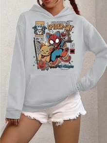 Kangaroo-Style Hooded Sweatshirt For Cold Weather, Printed Design: Spider Cat - Special New Arrival For Winter 2026. Comfortable And Practical. - Grey - View 1